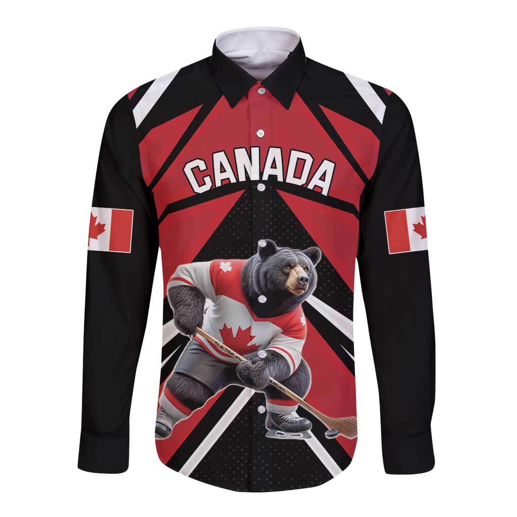 Custom Canada Hockey Long Sleeve Button Shirt Black Bear Playing Ice Hockey