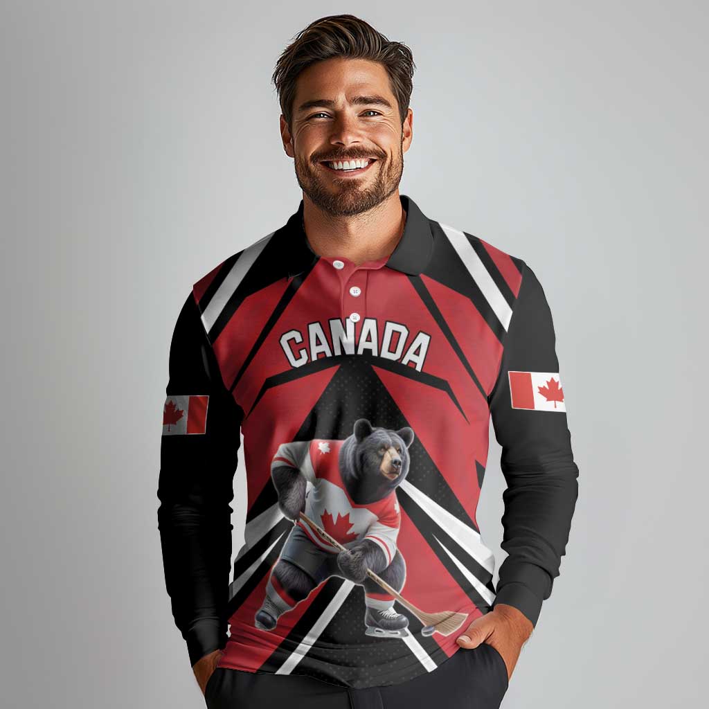 Custom Canada Hockey Long Sleeve Polo Shirt Black Bear Playing Ice Hockey