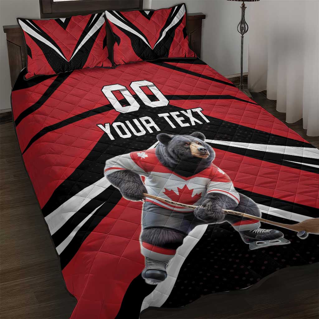 Custom Canada Hockey Quilt Bed Set Black Bear Playing Ice Hockey