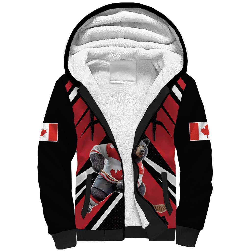 Custom Canada Hockey Sherpa Hoodie Black Bear Playing Ice Hockey