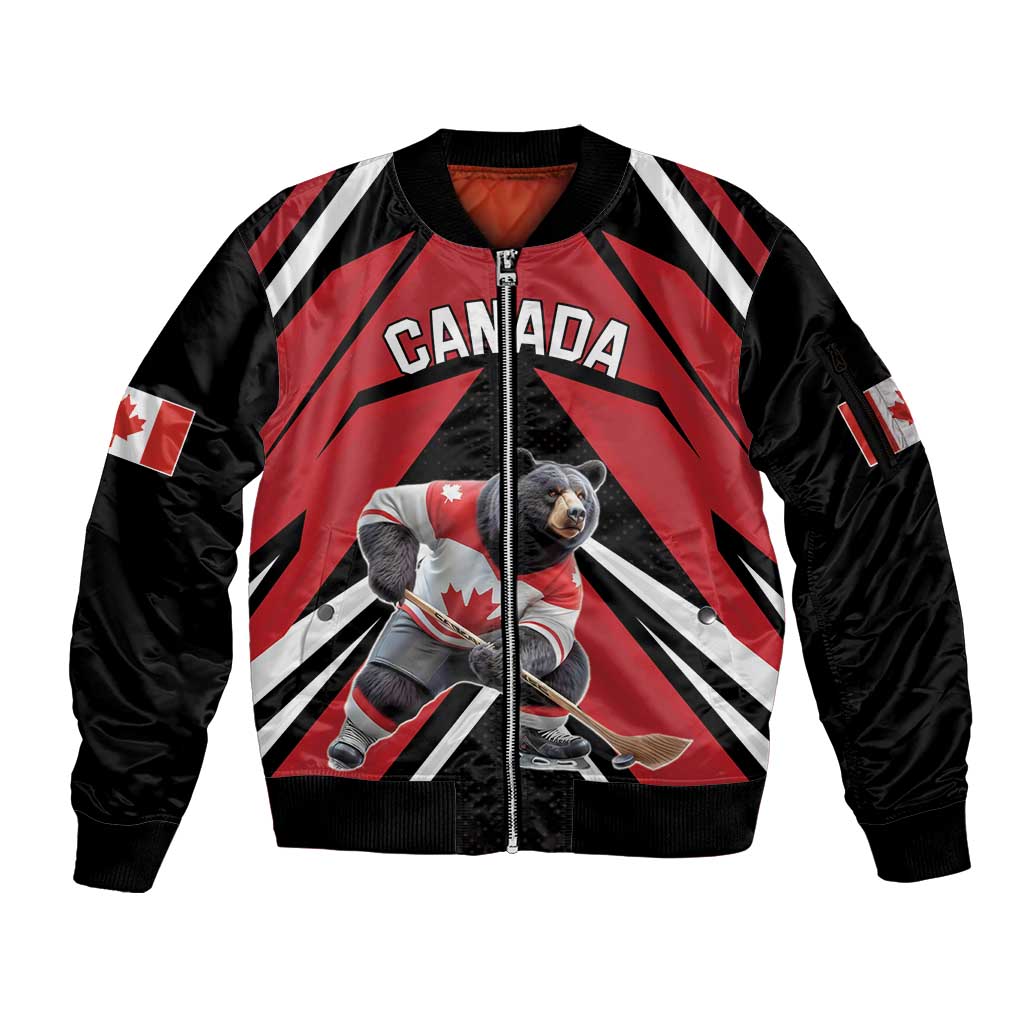 Custom Canada Hockey Sleeve Zip Bomber Jacket Black Bear Playing Ice Hockey
