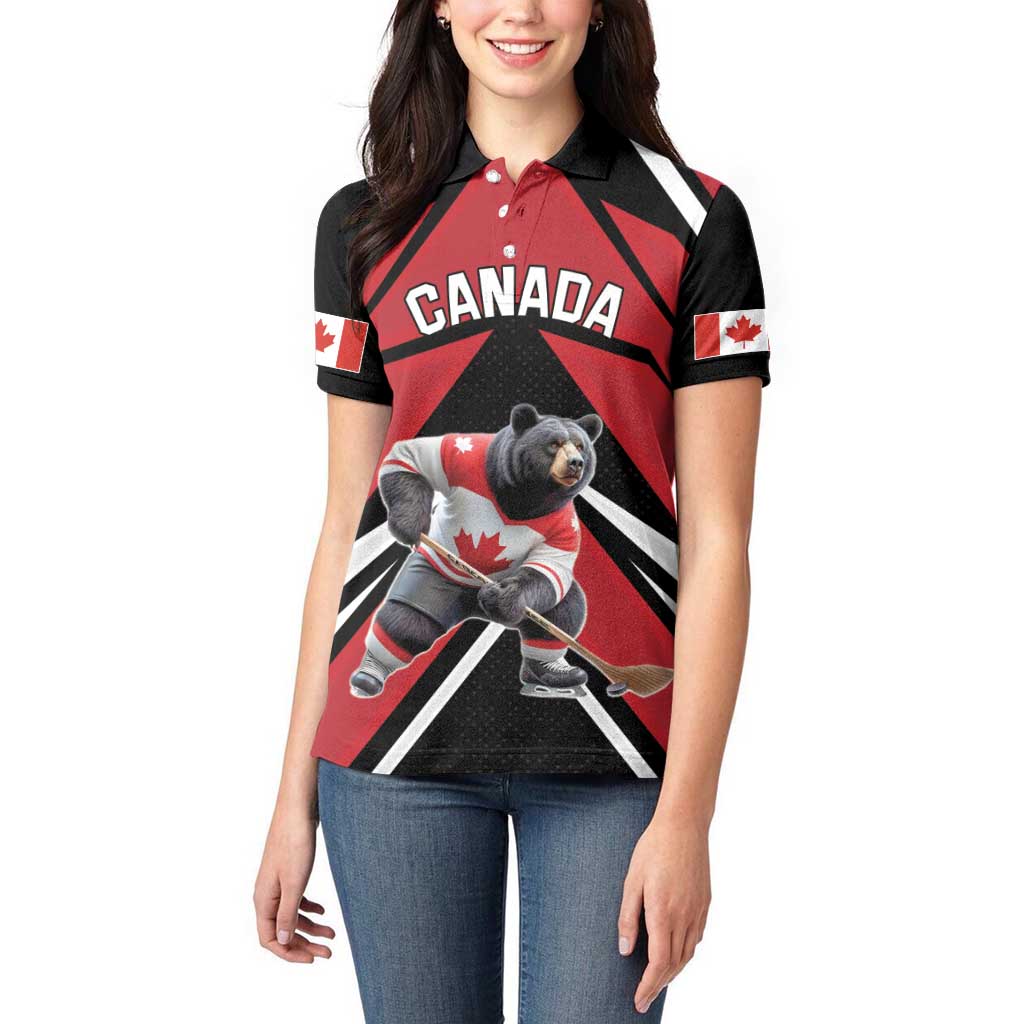 Custom Canada Hockey Women Polo Shirt Black Bear Playing Ice Hockey