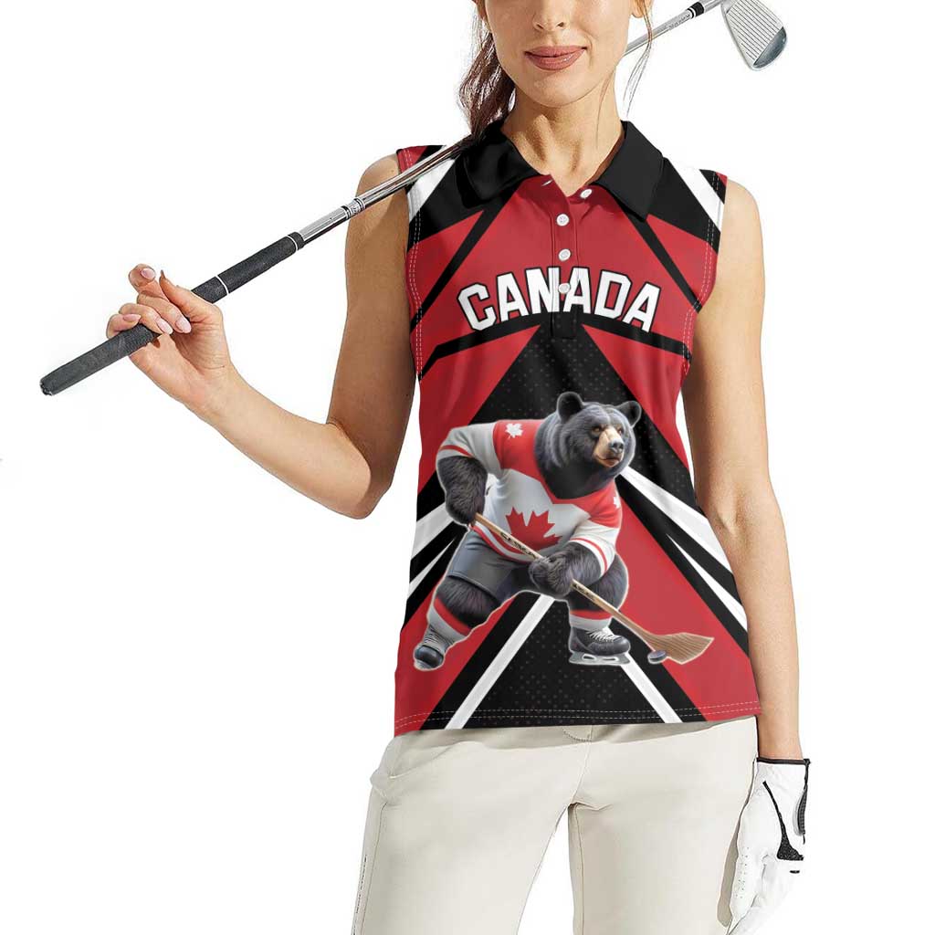 Custom Canada Hockey Women Sleeveless Polo Shirt Black Bear Playing Ice Hockey