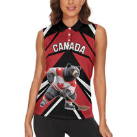 Custom Canada Hockey Women Sleeveless Polo Shirt Black Bear Playing Ice Hockey