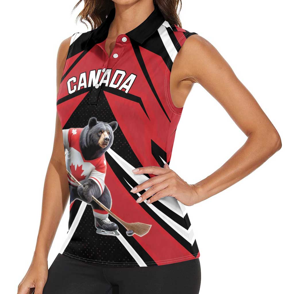 Custom Canada Hockey Women Sleeveless Polo Shirt Black Bear Playing Ice Hockey