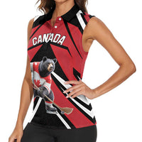 Custom Canada Hockey Women Sleeveless Polo Shirt Black Bear Playing Ice Hockey