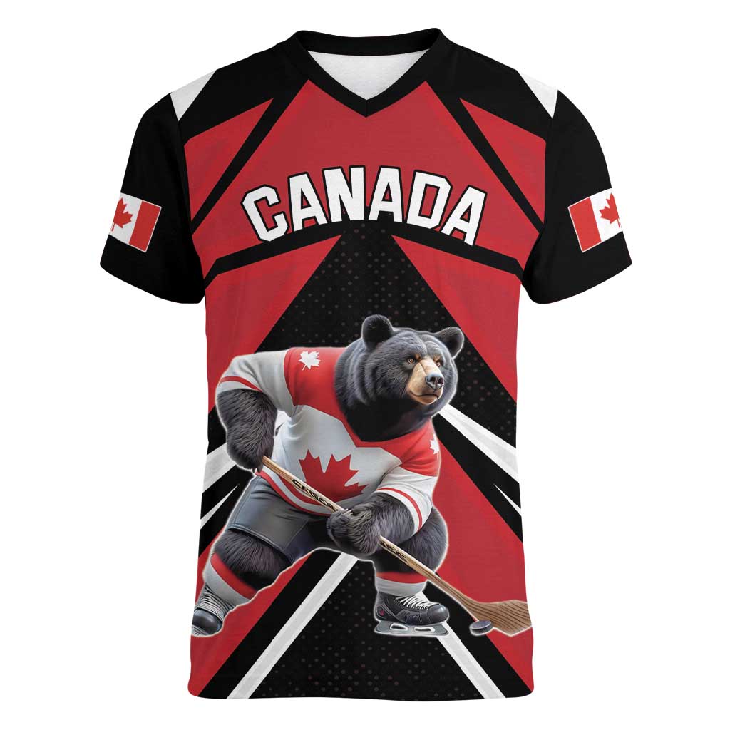 Custom Canada Hockey Women V-Neck T-Shirt Black Bear Playing Ice Hockey
