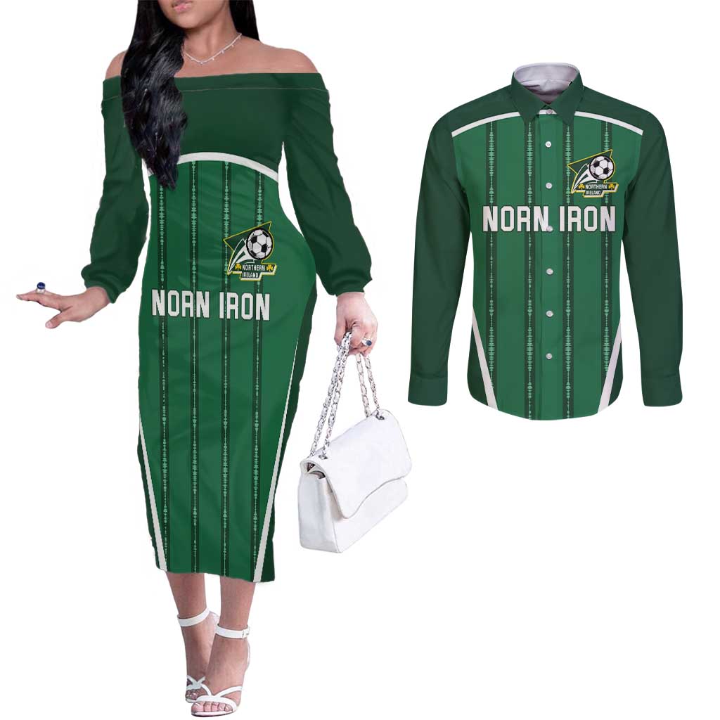 Custom Northern Ireland Football Couples Matching Off The Shoulder Long Sleeve Dress and Long Sleeve Button Shirt Norn Iron Go Champions