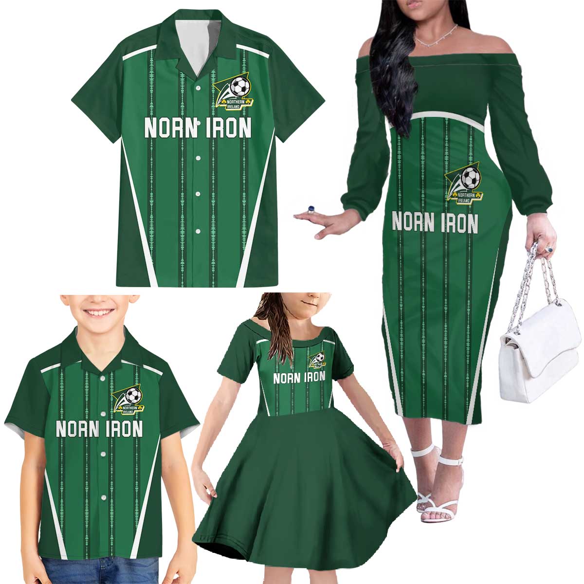 Custom Northern Ireland Football Family Matching Off The Shoulder Long Sleeve Dress and Hawaiian Shirt Norn Iron Go Champions