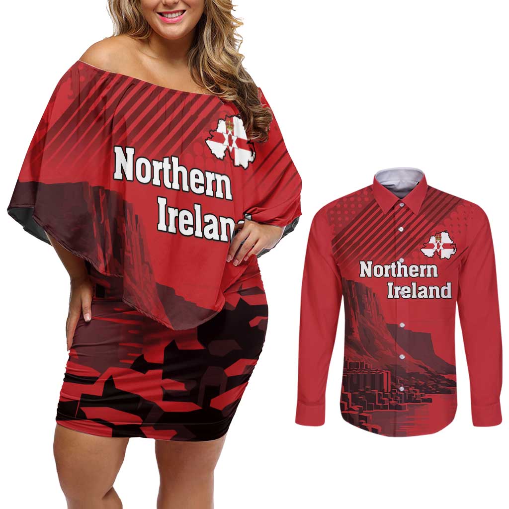Personalized Northern Ireland Couples Matching Off Shoulder Short Dress and Long Sleeve Button Shirt Giant’s Causeway Retro Style
