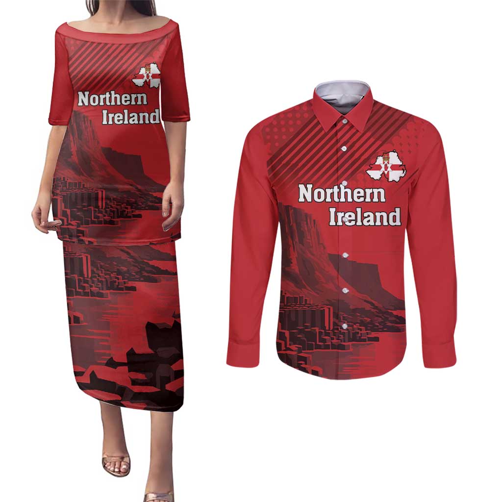 Personalized Northern Ireland Couples Matching Puletasi and Long Sleeve Button Shirt Giant’s Causeway Retro Style