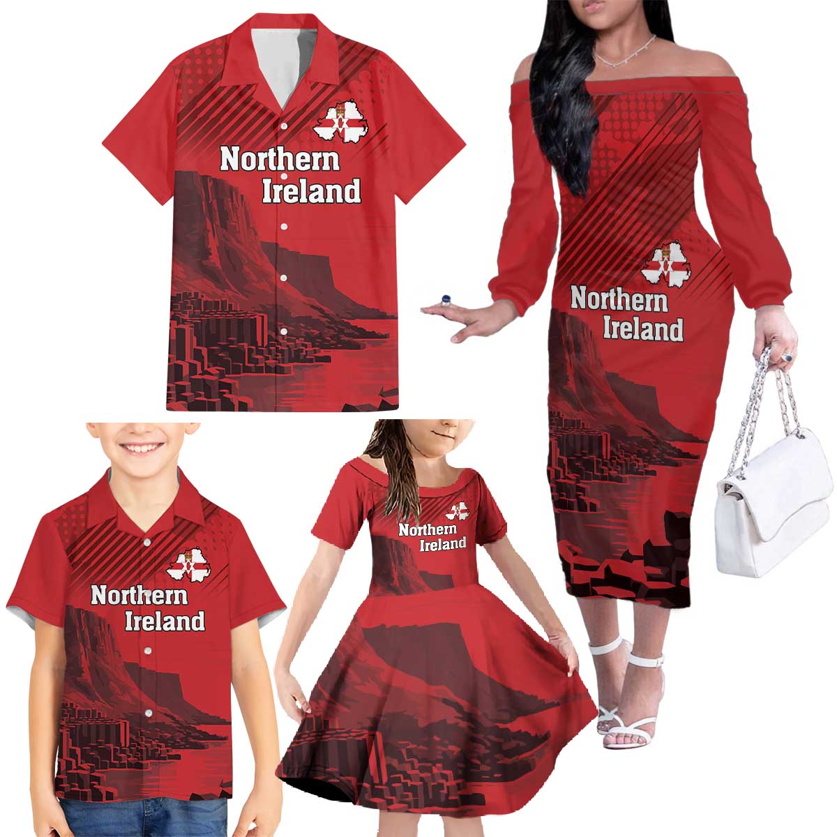 Personalized Northern Ireland Family Matching Off The Shoulder Long Sleeve Dress and Hawaiian Shirt Giant’s Causeway Retro Style