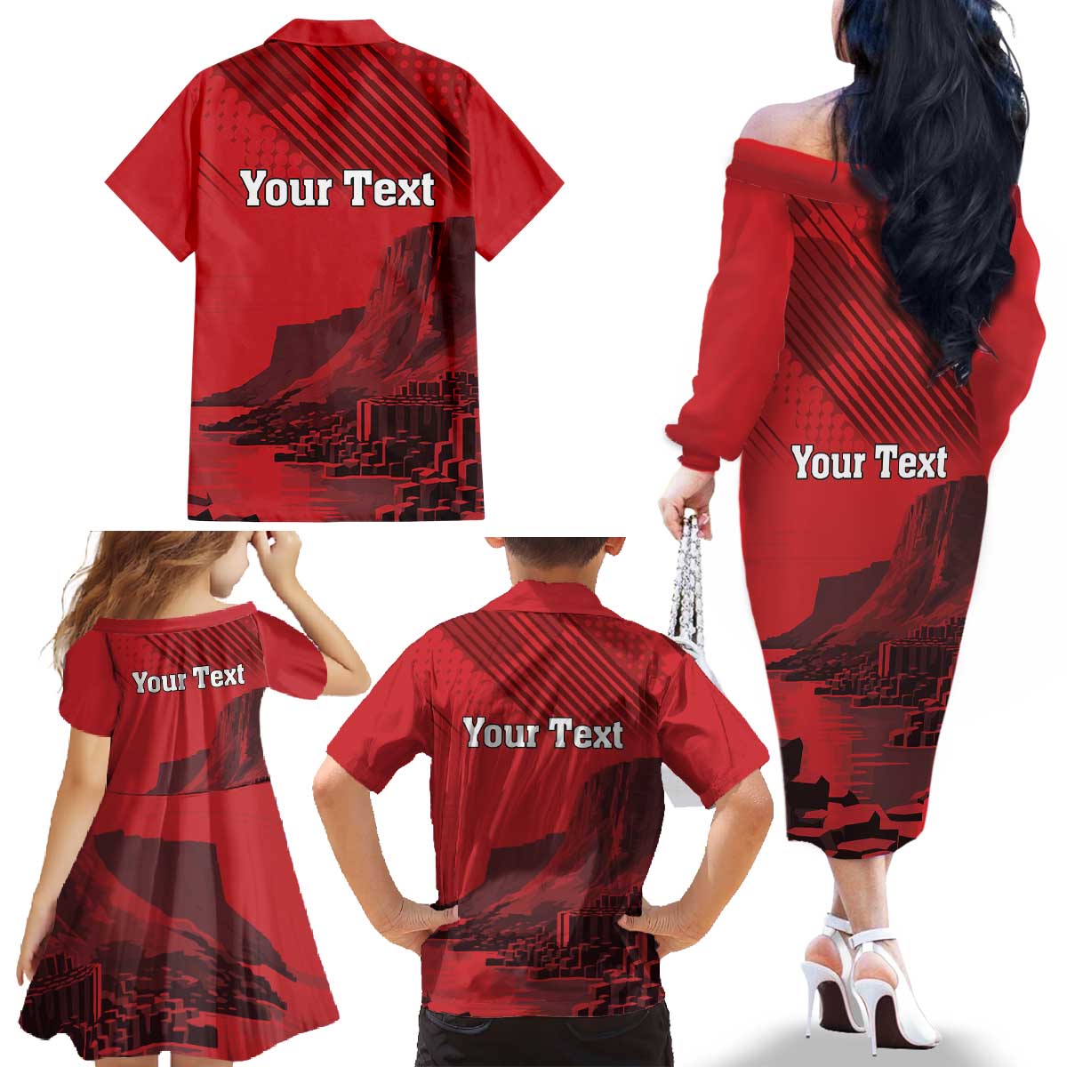 Personalized Northern Ireland Family Matching Off The Shoulder Long Sleeve Dress and Hawaiian Shirt Giant’s Causeway Retro Style