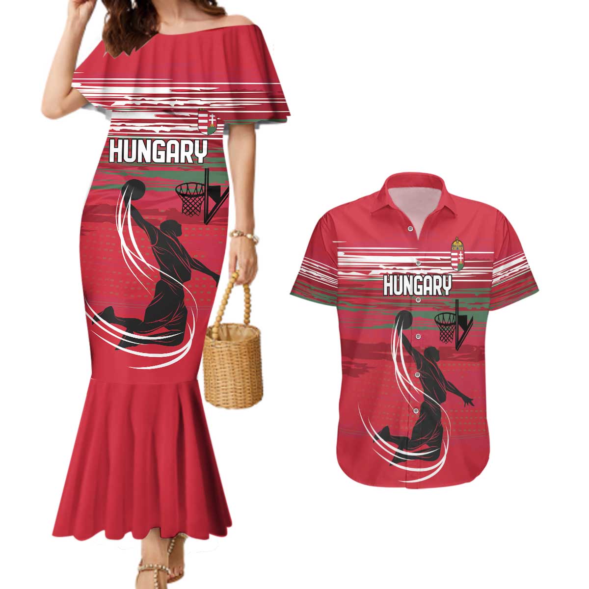 Hungary Basketball Custom Couples Matching Mermaid Dress and Hawaiian Shirt Come On Magyars Grunge Style - Wonder Print Shop