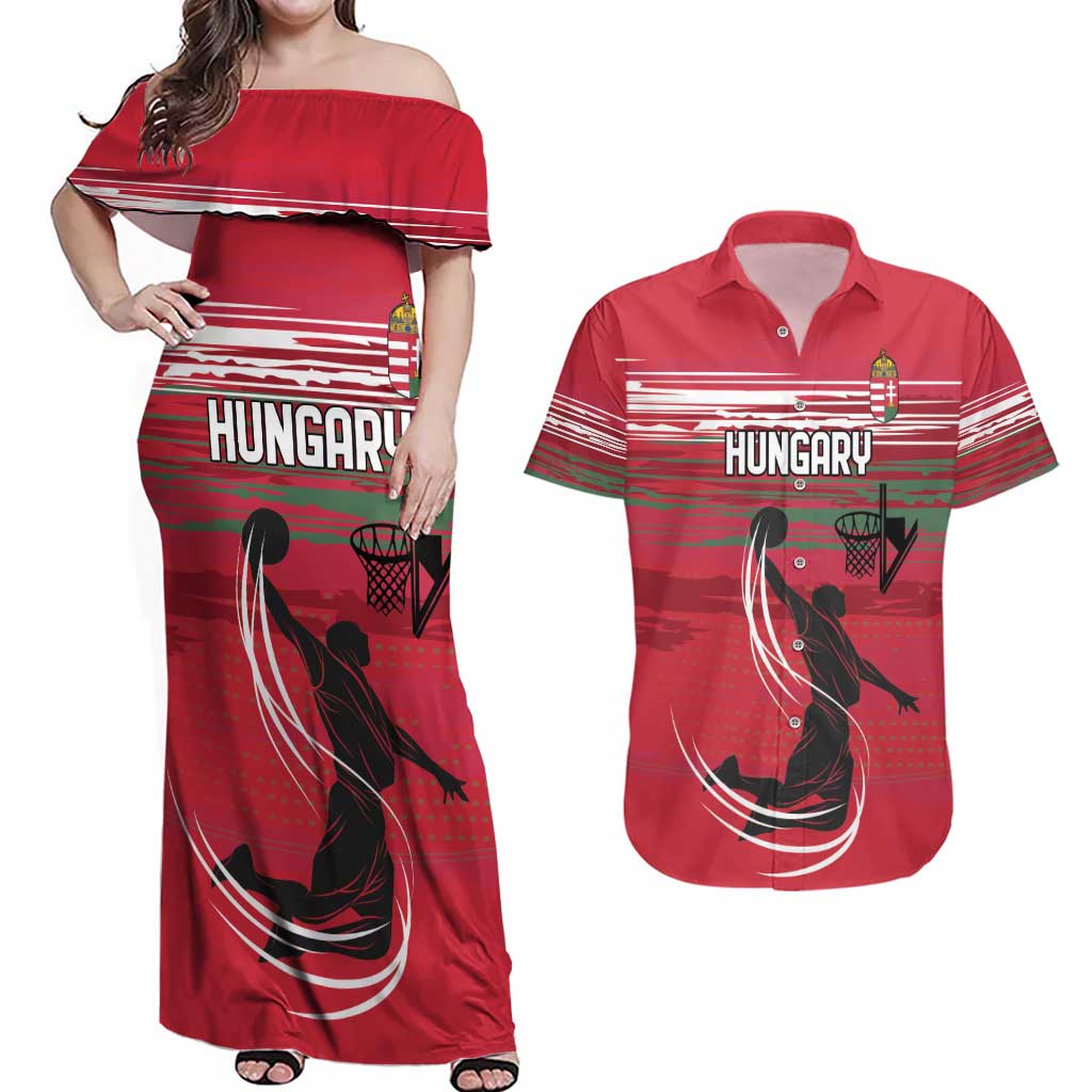 Hungary Basketball Custom Couples Matching Off Shoulder Maxi Dress and Hawaiian Shirt Come On Magyars Grunge Style - Wonder Print Shop