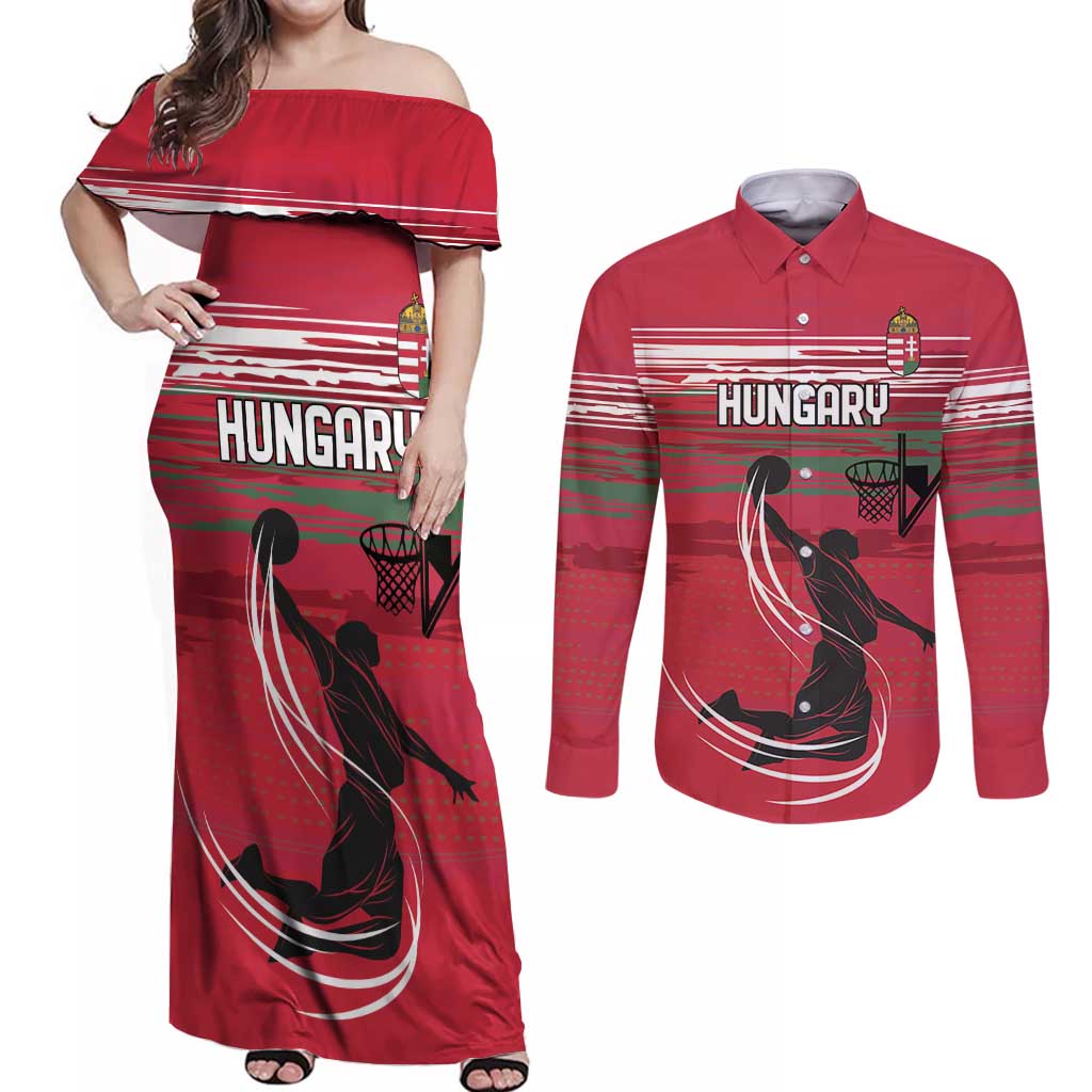 Hungary Basketball Custom Couples Matching Off Shoulder Maxi Dress and Long Sleeve Button Shirt Come On Magyars Grunge Style - Wonder Print Shop