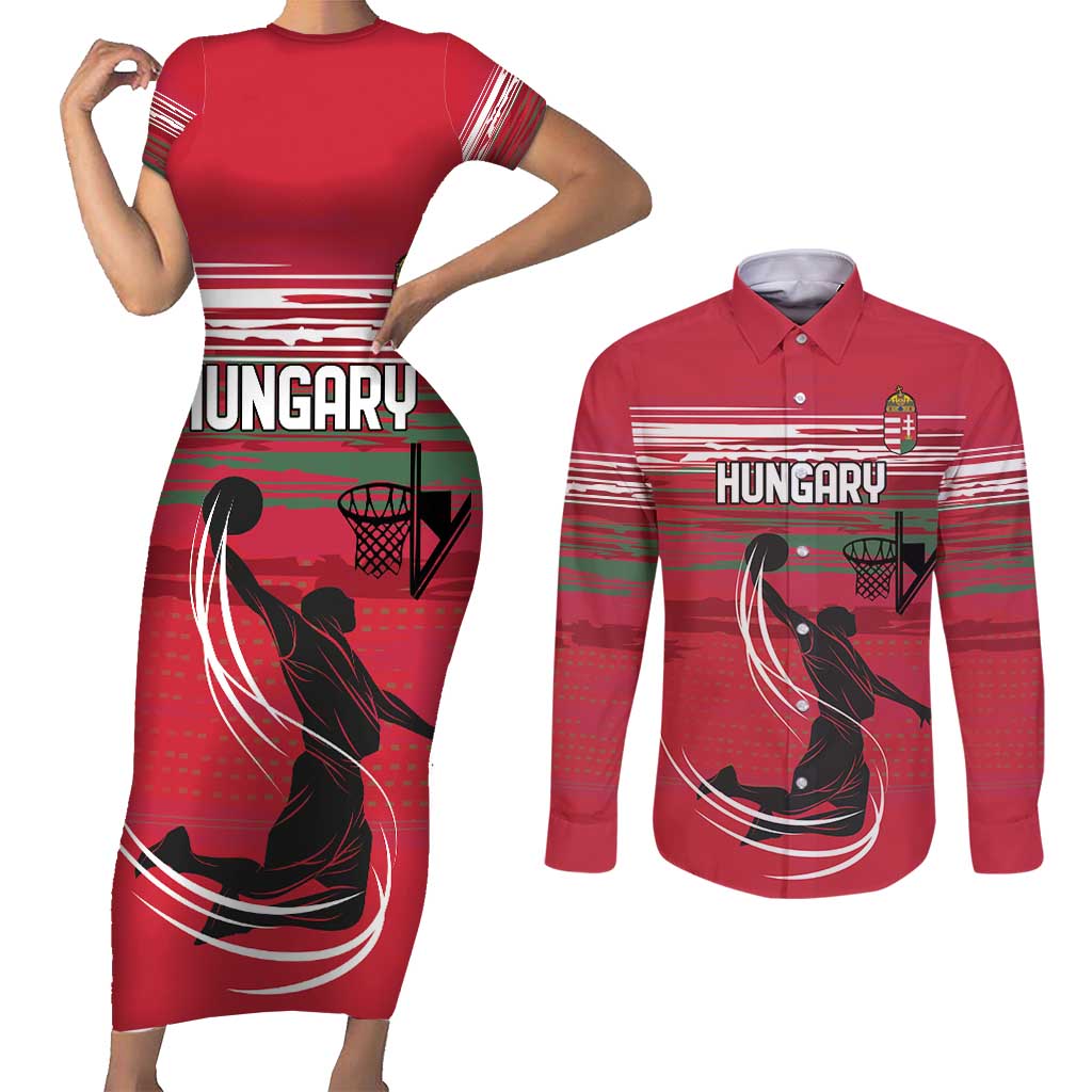 Hungary Basketball Custom Couples Matching Short Sleeve Bodycon Dress and Long Sleeve Button Shirt Come On Magyars Grunge Style - Wonder Print Shop