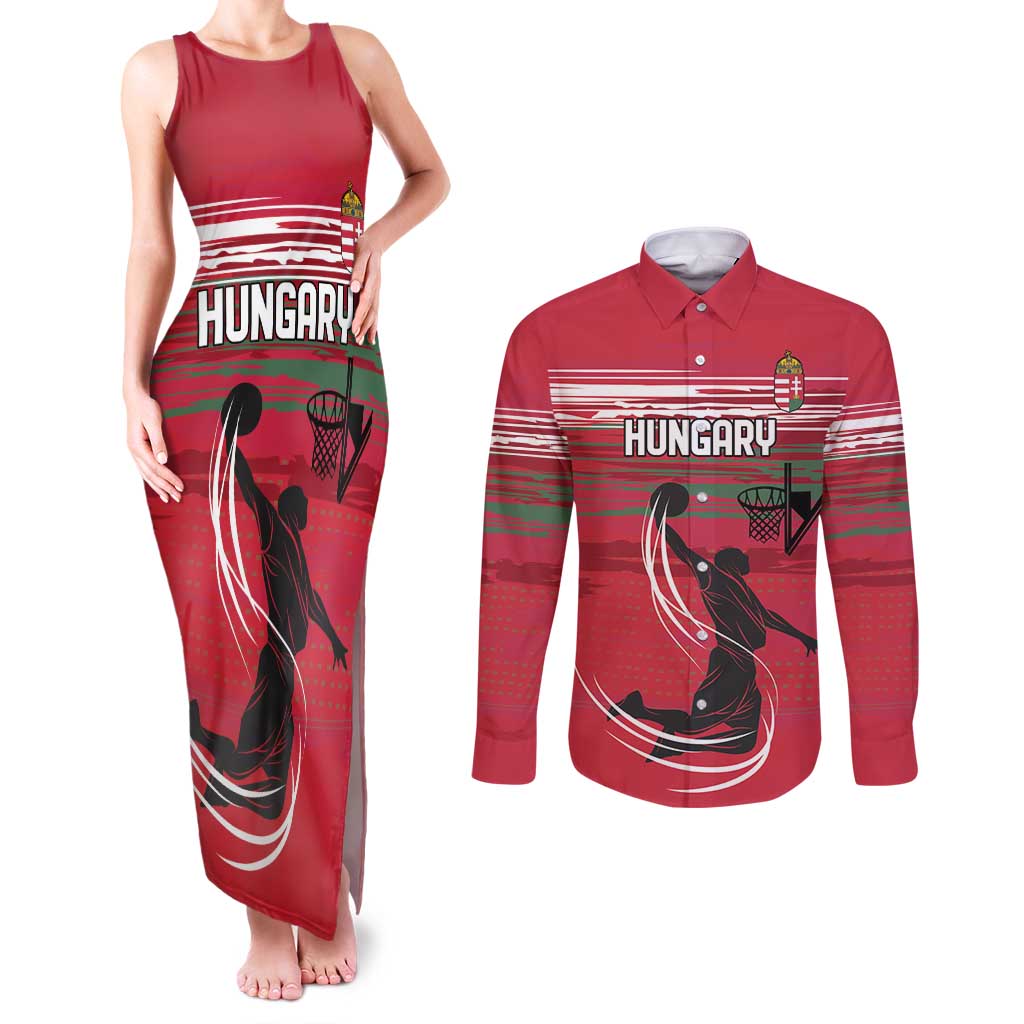 Hungary Basketball Custom Couples Matching Tank Maxi Dress and Long Sleeve Button Shirt Come On Magyars Grunge Style - Wonder Print Shop
