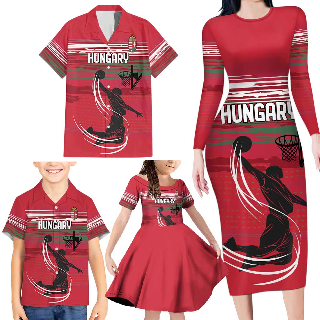 Hungary Basketball Custom Family Matching Long Sleeve Bodycon Dress and Hawaiian Shirt Come On Magyars Grunge Style - Wonder Print Shop