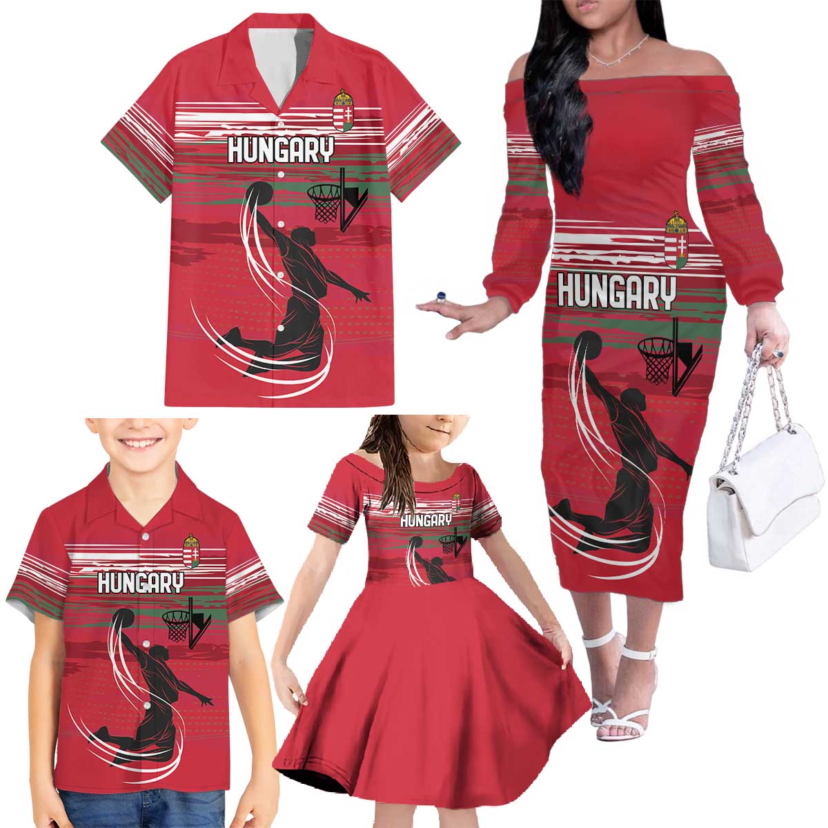 Hungary Basketball Custom Family Matching Off The Shoulder Long Sleeve Dress and Hawaiian Shirt Come On Magyars Grunge Style - Wonder Print Shop