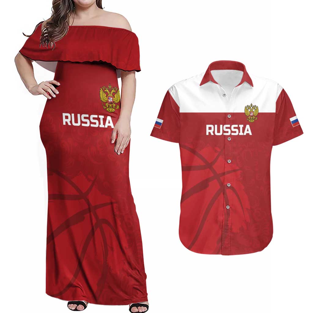 Russia Basketball Custom Couples Matching Off Shoulder Maxi Dress and Hawaiian Shirt Go Champion - Wonder Print Shop