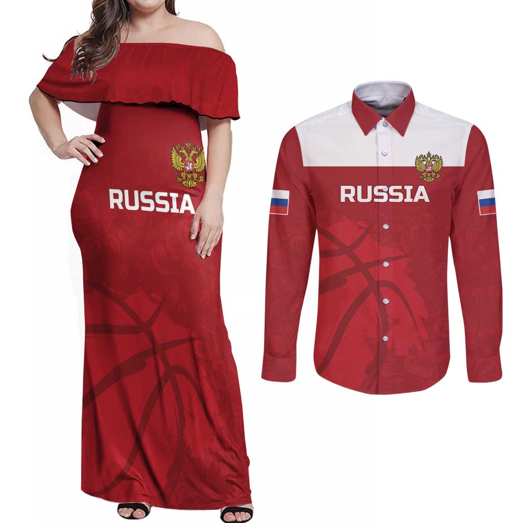 Russia Basketball Custom Couples Matching Off Shoulder Maxi Dress and Long Sleeve Button Shirt Go Champion - Wonder Print Shop