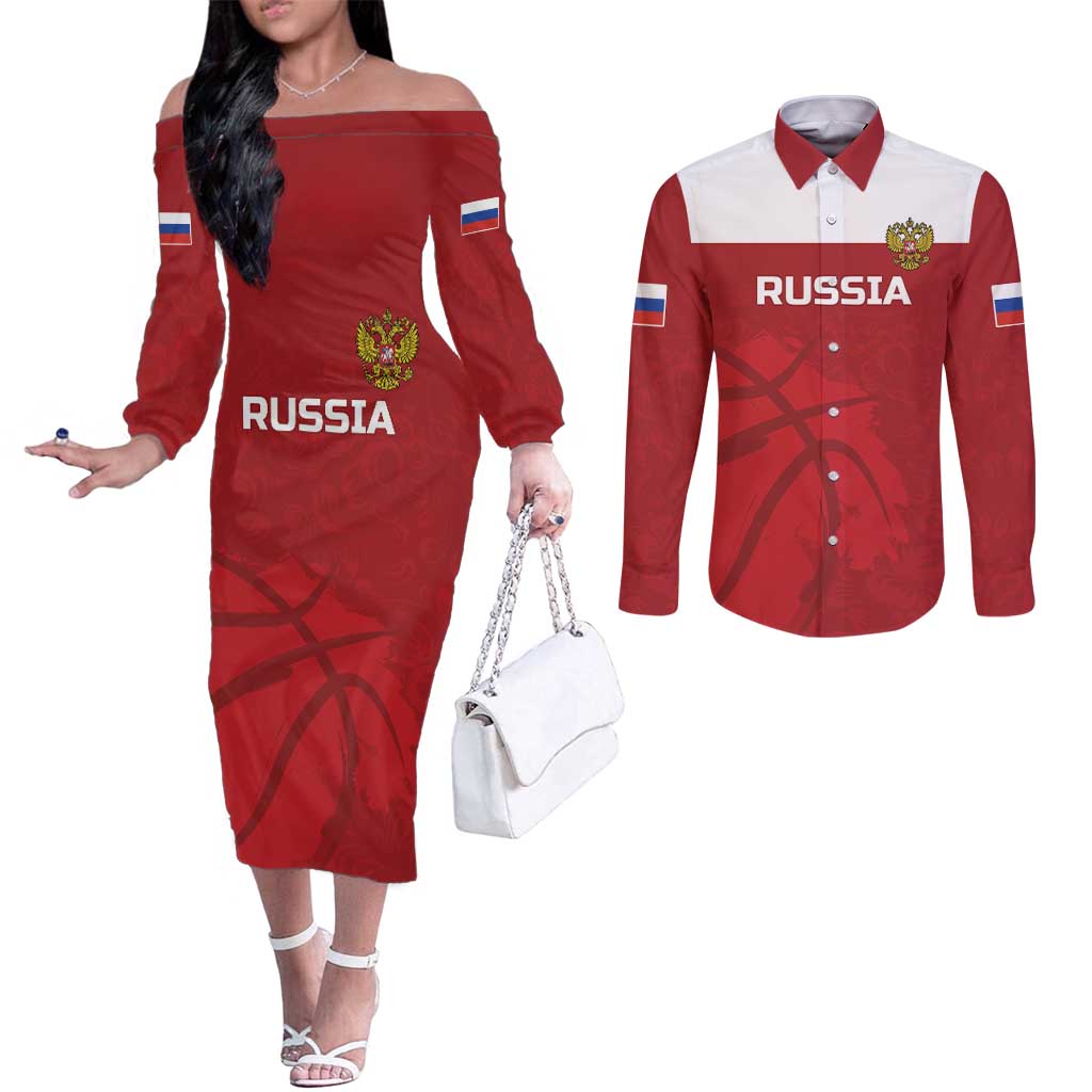 Russia Basketball Custom Couples Matching Off The Shoulder Long Sleeve Dress and Long Sleeve Button Shirt Go Champion - Wonder Print Shop