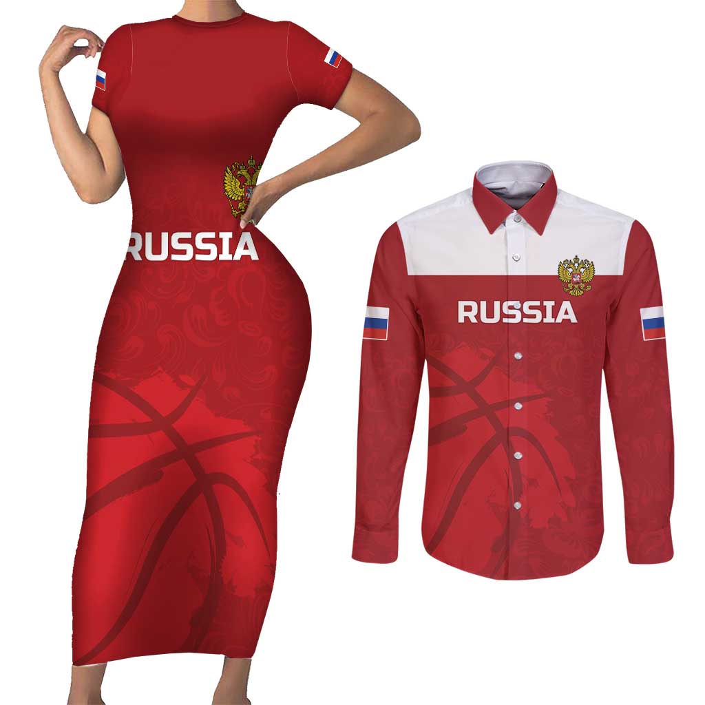 Russia Basketball Custom Couples Matching Short Sleeve Bodycon Dress and Long Sleeve Button Shirt Go Champion - Wonder Print Shop