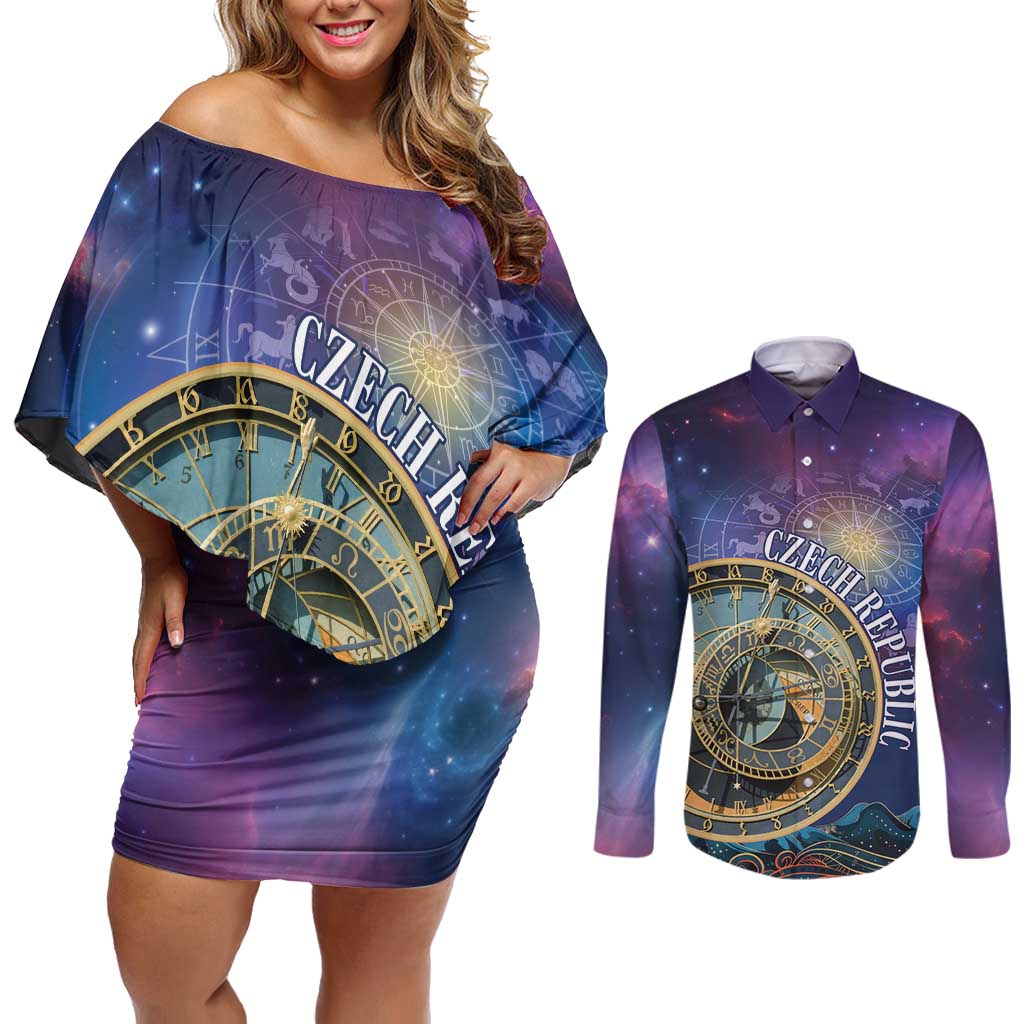 Czech Republic Astronomical Clock Couples Matching Off Shoulder Short Dress and Long Sleeve Button Shirt Zodiac Signs In Space - Wonder Print Shop