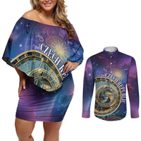 Czech Republic Astronomical Clock Couples Matching Off Shoulder Short Dress and Long Sleeve Button Shirt Zodiac Signs In Space - Wonder Print Shop