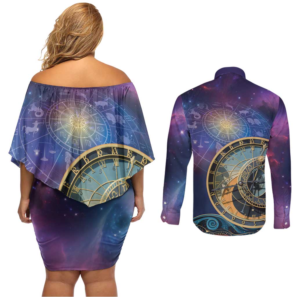 Czech Republic Astronomical Clock Couples Matching Off Shoulder Short Dress and Long Sleeve Button Shirt Zodiac Signs In Space - Wonder Print Shop