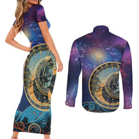 Czech Republic Astronomical Clock Couples Matching Short Sleeve Bodycon Dress and Long Sleeve Button Shirt Zodiac Signs In Space - Wonder Print Shop
