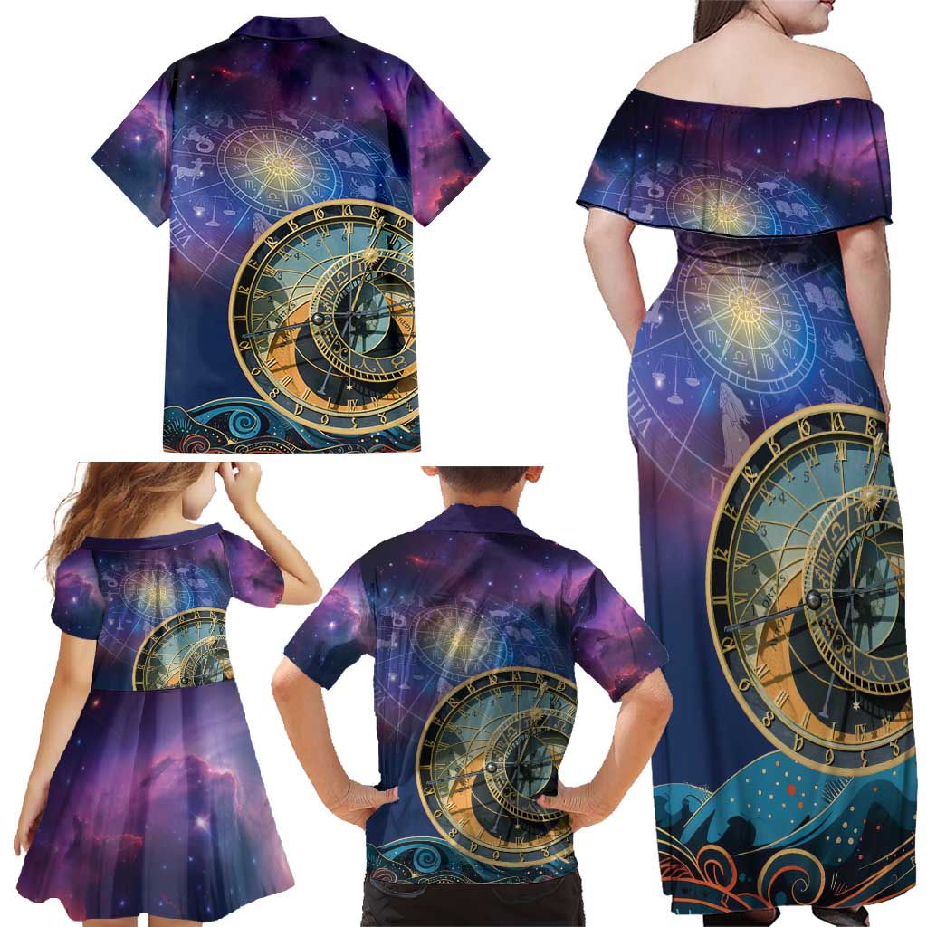 Czech Republic Astronomical Clock Family Matching Off Shoulder Maxi Dress and Hawaiian Shirt Zodiac Signs In Space - Wonder Print Shop