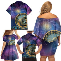 Czech Republic Astronomical Clock Family Matching Off Shoulder Short Dress and Hawaiian Shirt Zodiac Signs In Space - Wonder Print Shop