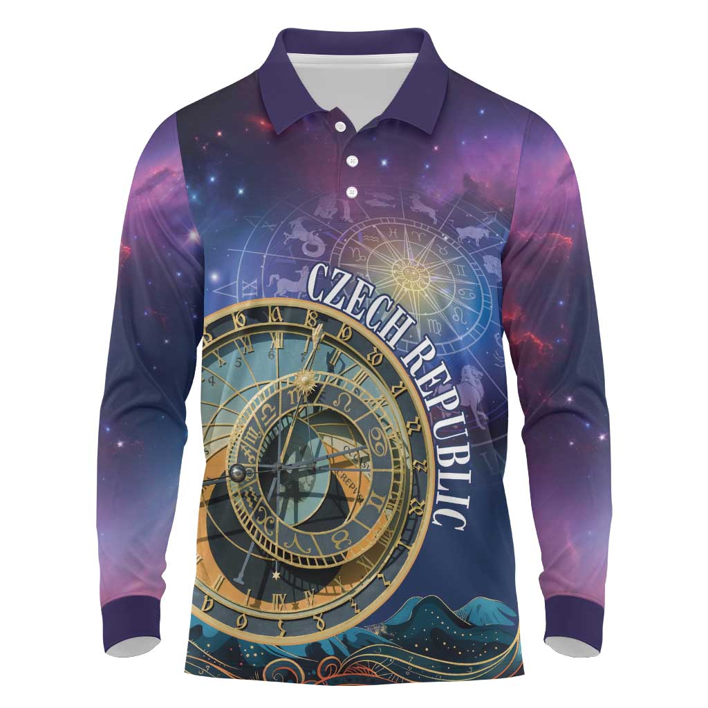 Czech Republic Astronomical Clock Long Sleeve Polo Shirt Zodiac Signs In Space - Wonder Print Shop
