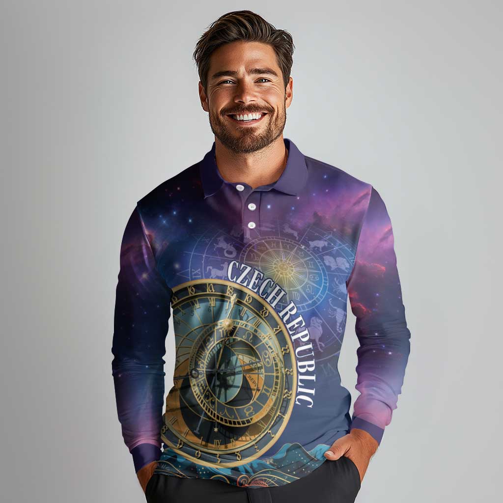 Czech Republic Astronomical Clock Long Sleeve Polo Shirt Zodiac Signs In Space - Wonder Print Shop