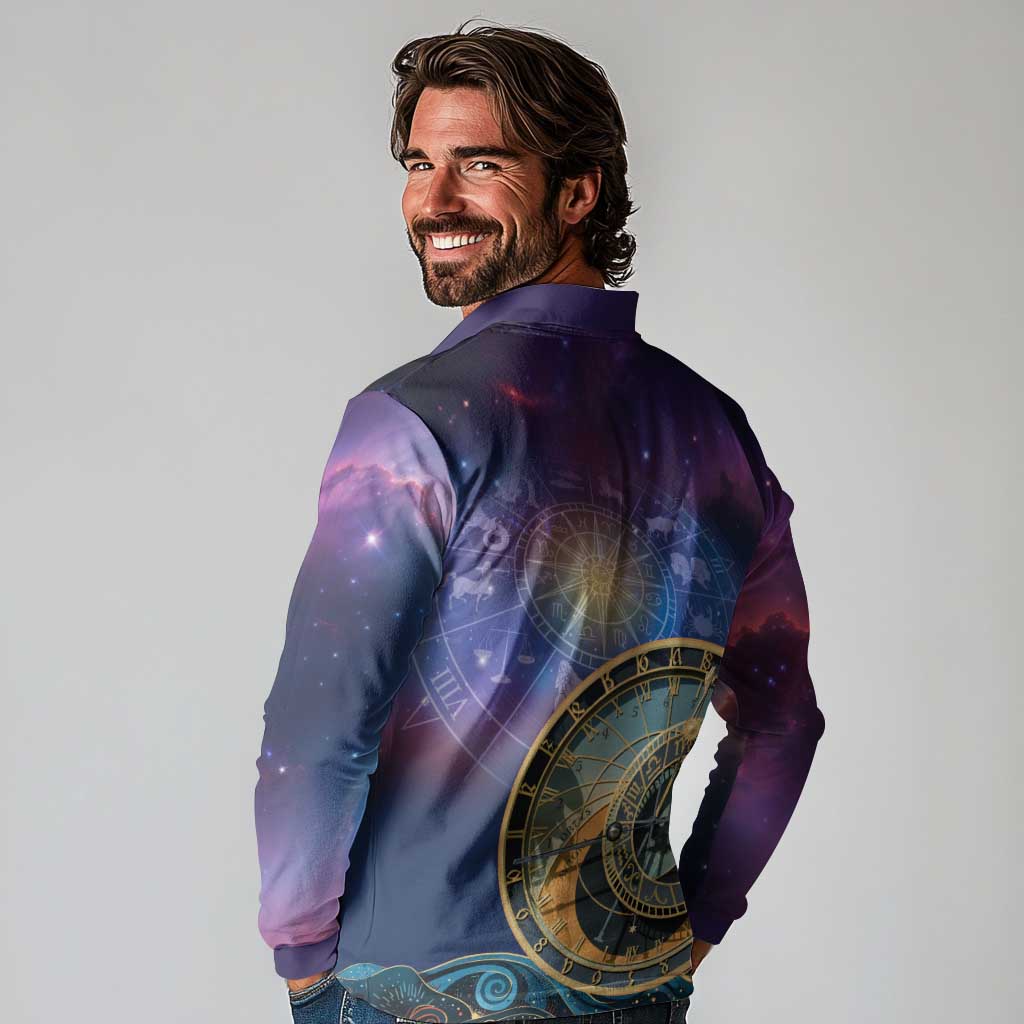Czech Republic Astronomical Clock Long Sleeve Polo Shirt Zodiac Signs In Space - Wonder Print Shop