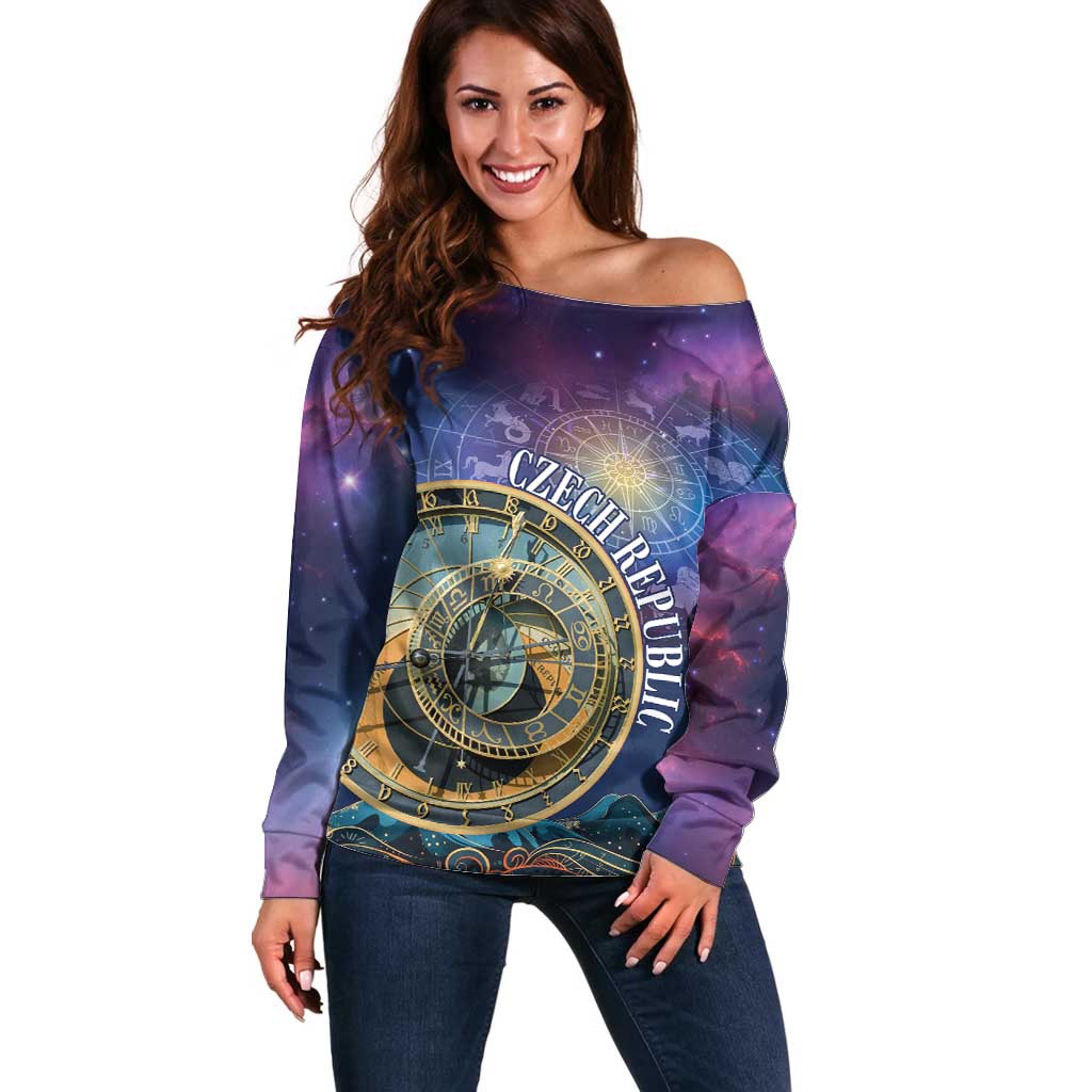 Czech Republic Astronomical Clock Off Shoulder Sweater Zodiac Signs In Space - Wonder Print Shop