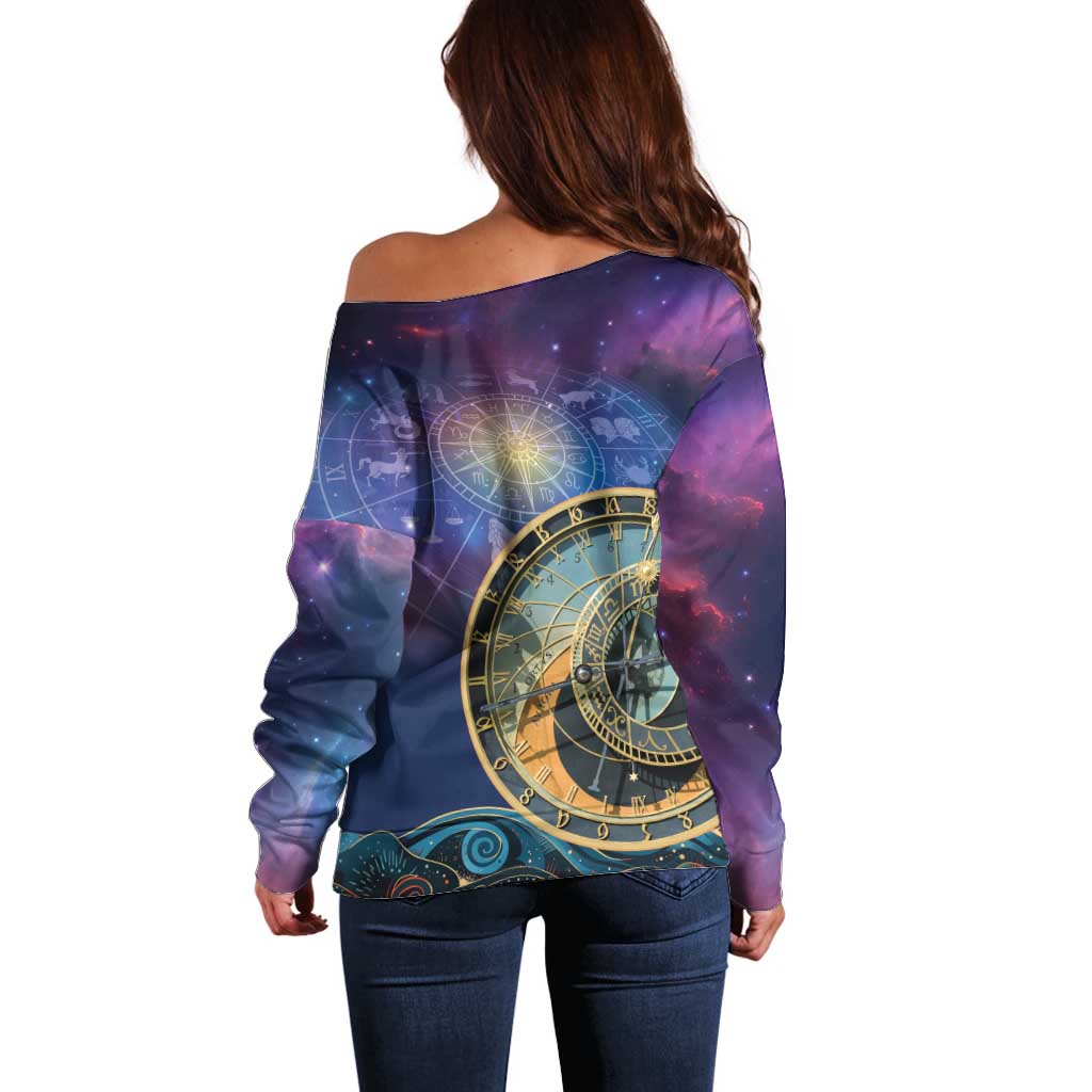 Czech Republic Astronomical Clock Off Shoulder Sweater Zodiac Signs In Space - Wonder Print Shop