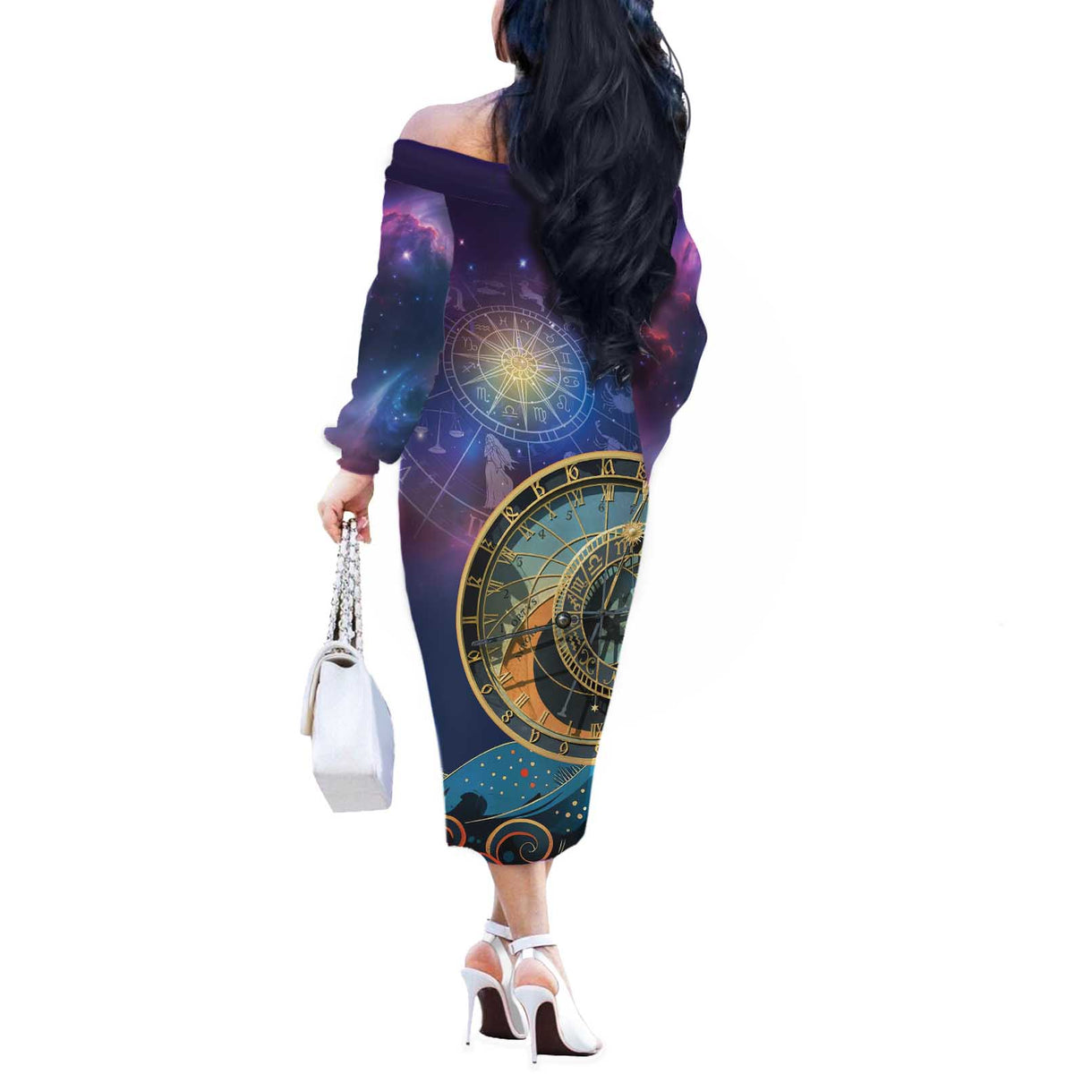 Czech Republic Astronomical Clock Off The Shoulder Long Sleeve Dress Zodiac Signs In Space - Wonder Print Shop