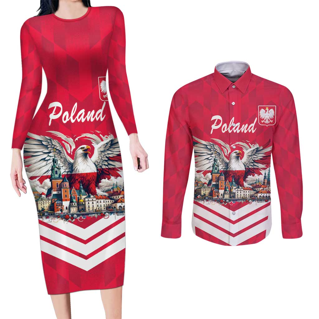 Personalized Poland White-Tailed Eagle Couples Matching Long Sleeve Bodycon Dress and Long Sleeve Button Shirt Poznan City Flag Style - Wonder Print Shop