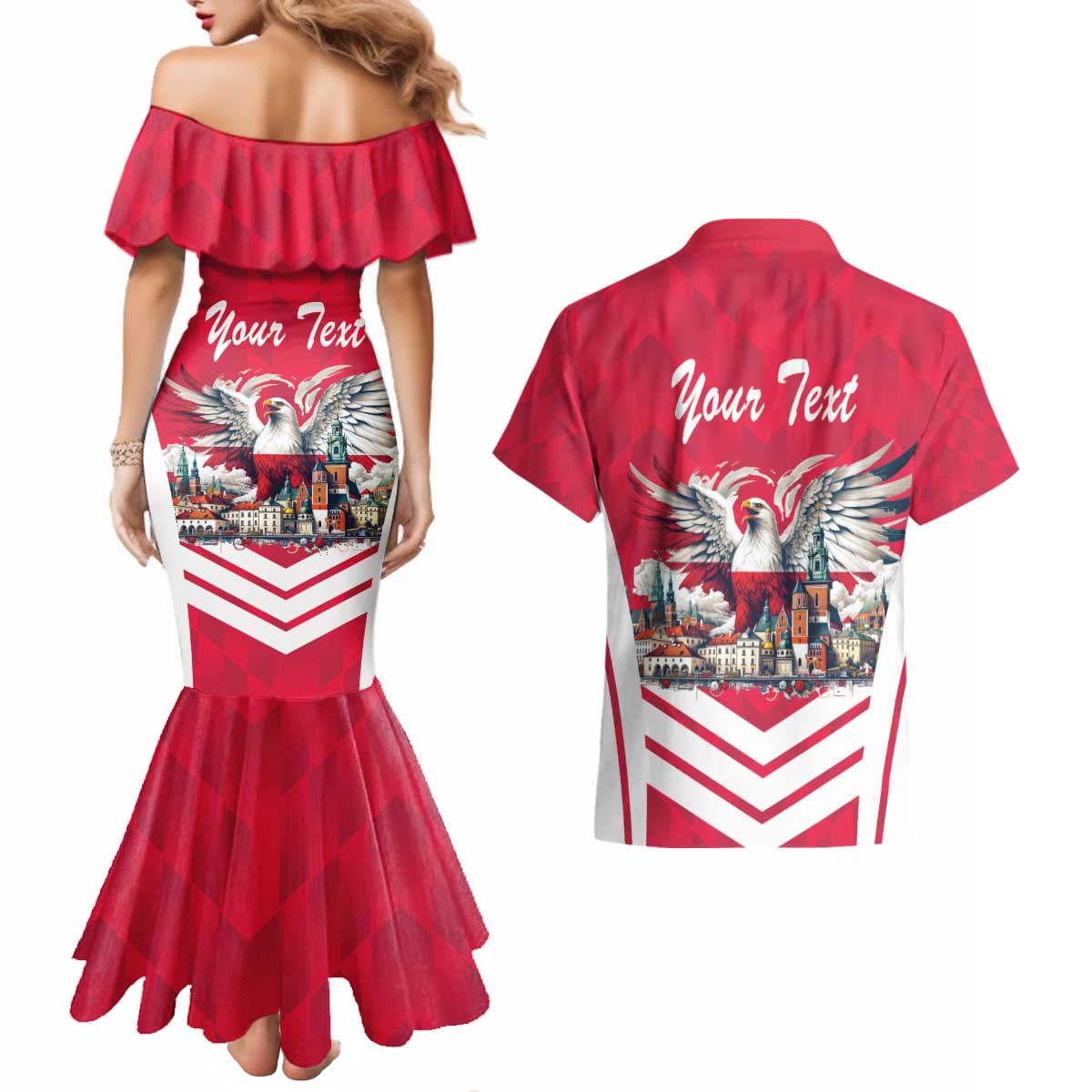 Personalized Poland White-Tailed Eagle Couples Matching Mermaid Dress and Hawaiian Shirt Poznan City Flag Style - Wonder Print Shop