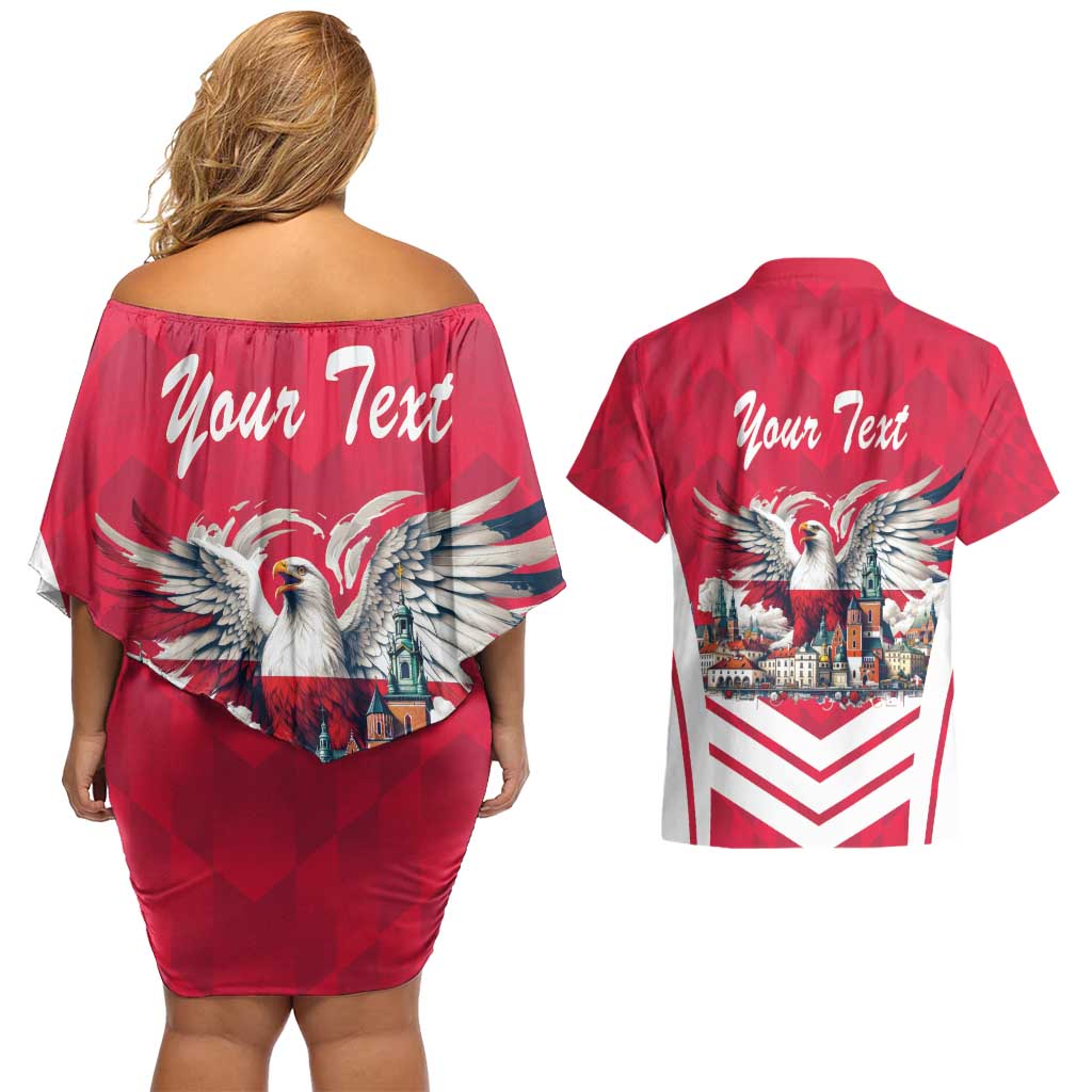 Personalized Poland White-Tailed Eagle Couples Matching Off Shoulder Short Dress and Hawaiian Shirt Poznan City Flag Style - Wonder Print Shop