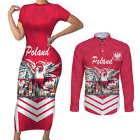 Personalized Poland White-Tailed Eagle Couples Matching Short Sleeve Bodycon Dress and Long Sleeve Button Shirt Poznan City Flag Style - Wonder Print Shop