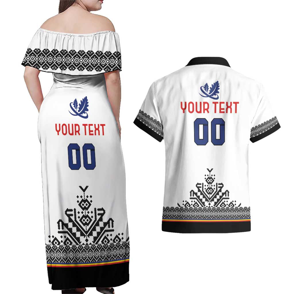 Custom Romania Rugby Couples Matching Off Shoulder Maxi Dress and Hawaiian Shirt White Version Retro Style