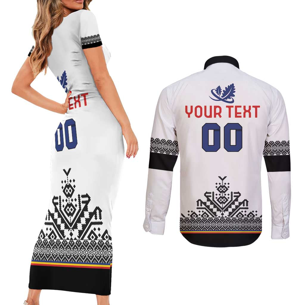 Custom Romania Rugby Couples Matching Short Sleeve Bodycon Dress and Long Sleeve Button Shirt White Version Retro Style