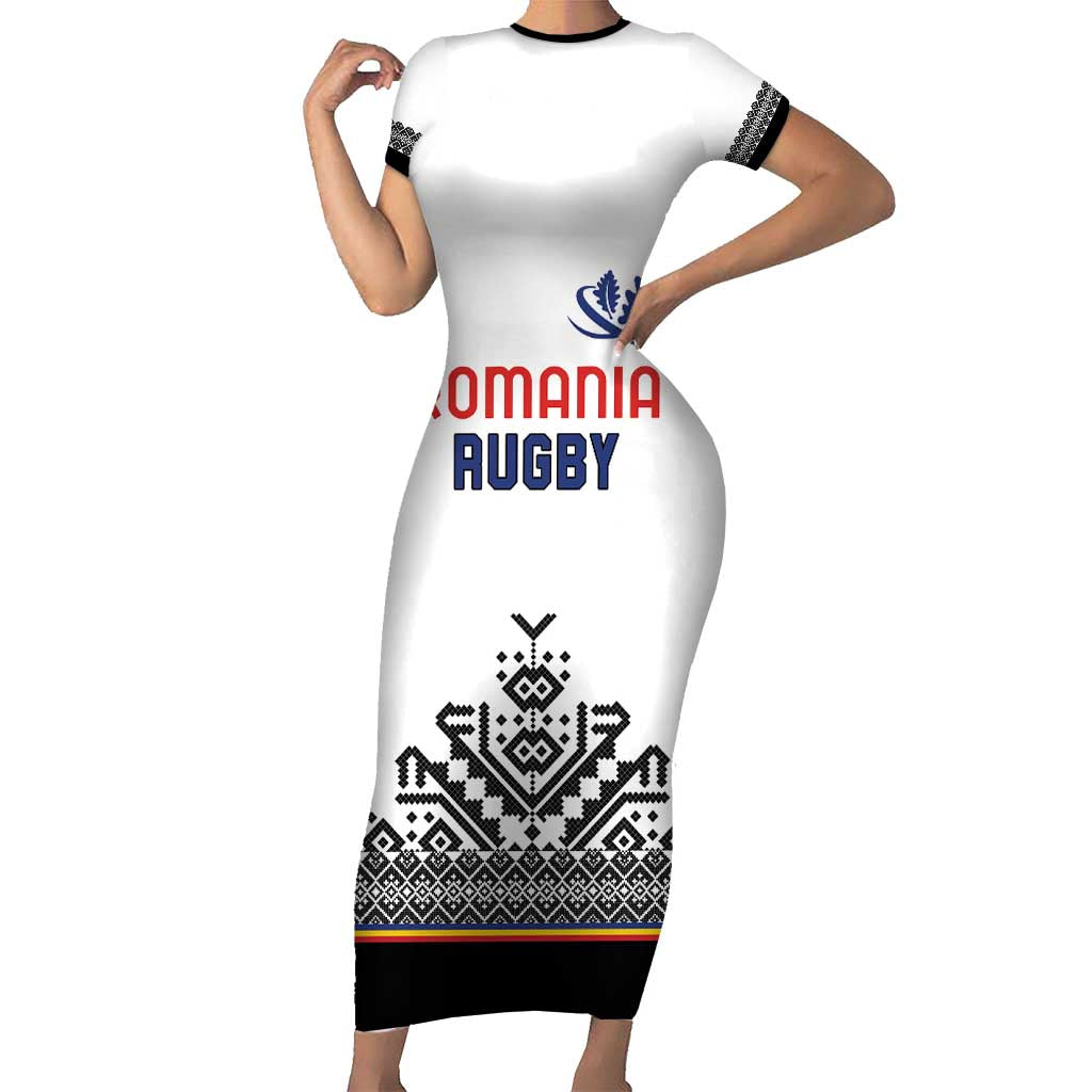 Custom Romania Rugby Family Matching Short Sleeve Bodycon Dress and Hawaiian Shirt White Version Retro Style