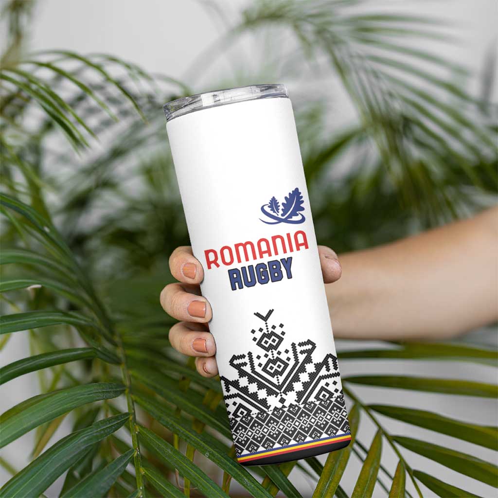 Custom Romania Rugby Skinny Tumbler White Version Retro Style - Wonder Print Shop
