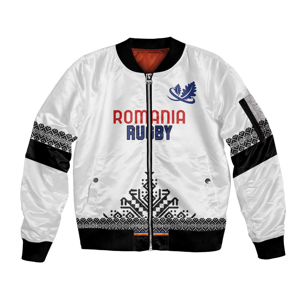 Custom Romania Rugby Sleeve Zip Bomber Jacket White Version Retro Style - Wonder Print Shop