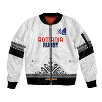Custom Romania Rugby Sleeve Zip Bomber Jacket White Version Retro Style - Wonder Print Shop